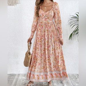 LAST ONE 🔥 Malaga Boho Floral Print Sweetheart Neck Dress